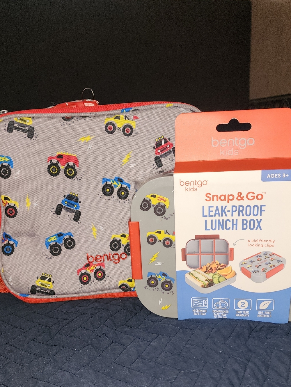 bentgo Kids Snap & Go Leak-Proof Lunch Box with Grey Monster Truck Print